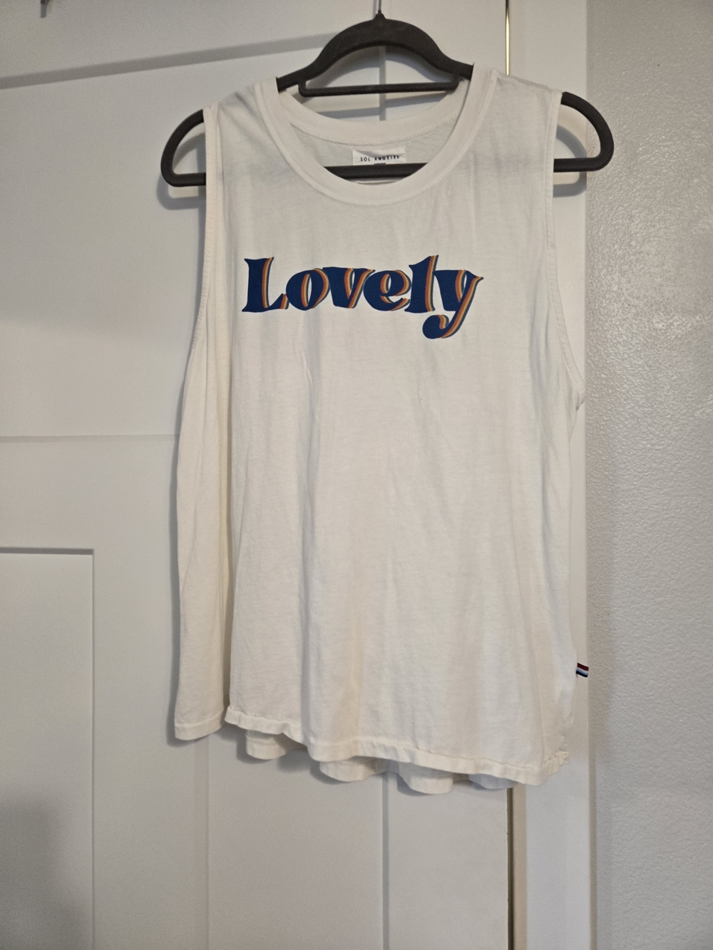Sol Angeles White Tank Top with Blue & Orange 'Lovely' Graphic